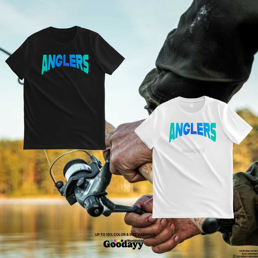 anglers t-shirt that is available in white or black.