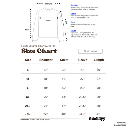 size chart for our graphic printed long sleeve tshirts.