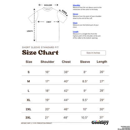 size chart for our graphic printed short sleeve t-shirts.